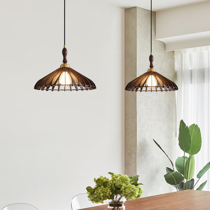 Traditional Japanese Umbrella Skeleton Ash Wood Brass 1-Light Pendant Light For Living Room