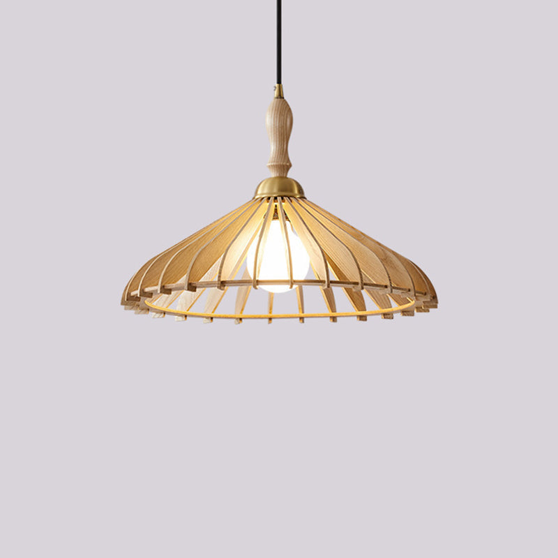 Traditional Japanese Umbrella Skeleton Ash Wood Brass 1-Light Pendant Light For Living Room