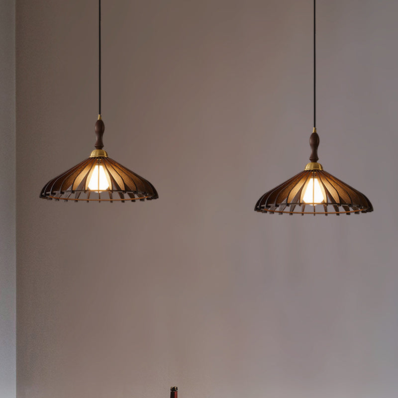 Traditional Japanese Umbrella Skeleton Ash Wood Brass 1-Light Pendant Light For Living Room