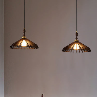 Traditional Japanese Umbrella Skeleton Ash Wood Brass 1-Light Pendant Light For Living Room