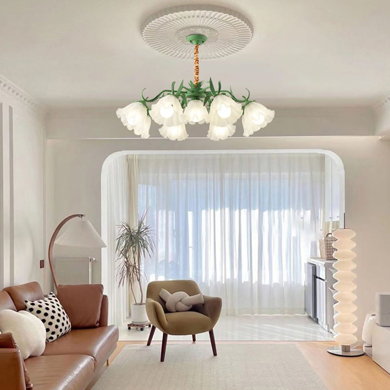 Traditional Rustic Floral Leaf Branch Round Glass Iron 4/6/7/9 Light Chandelier For Living Room