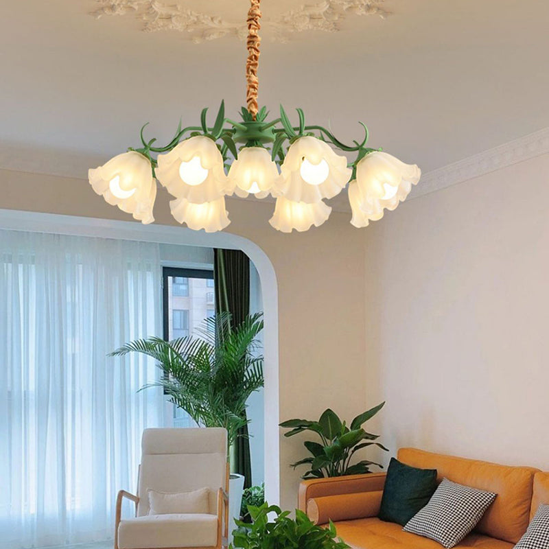 Traditional Rustic Floral Leaf Branch Round Glass Iron 4/6/7/9 Light Chandelier For Living Room