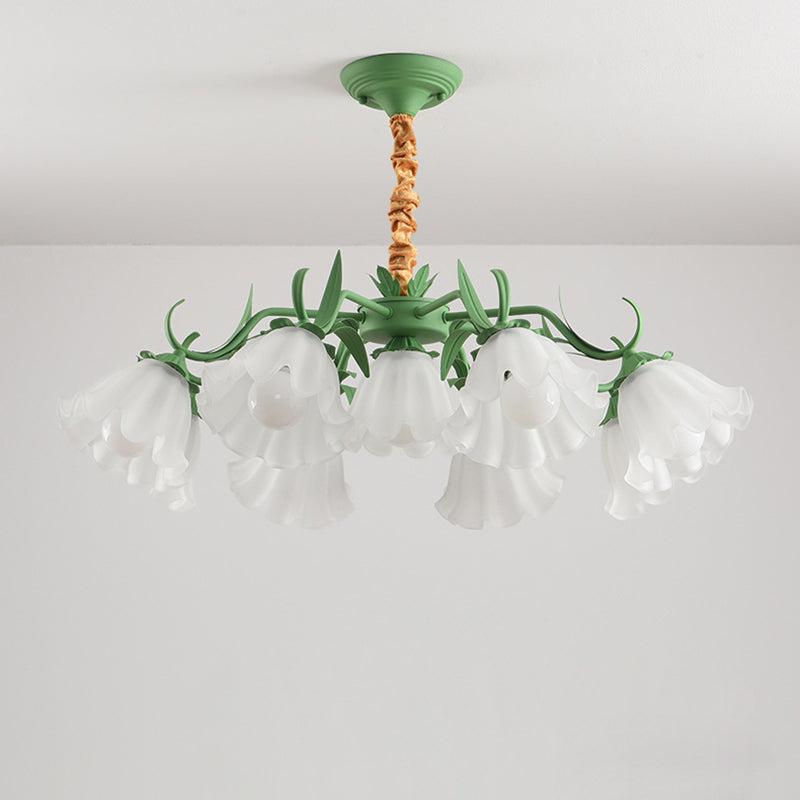Traditional Rustic Floral Leaf Branch Round Glass Iron 4/6/7/9 Light Chandelier For Living Room