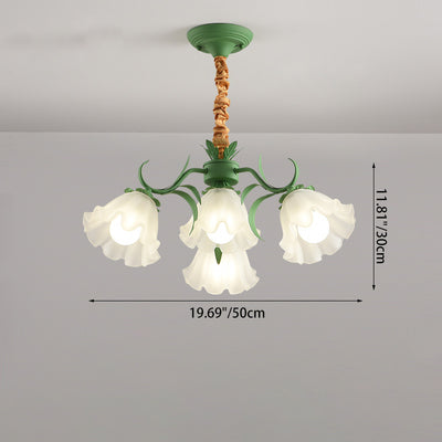 Traditional Rustic Floral Leaf Branch Round Glass Iron 4/6/7/9 Light Chandelier For Living Room
