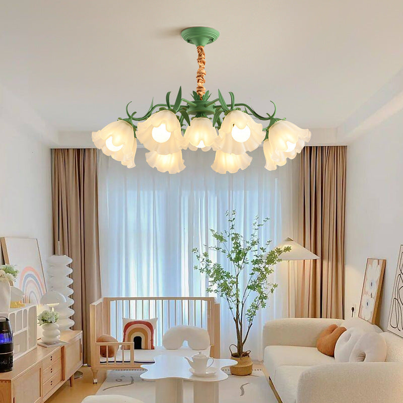 Traditional Rustic Floral Leaf Branch Round Glass Iron 4/6/7/9 Light Chandelier For Living Room