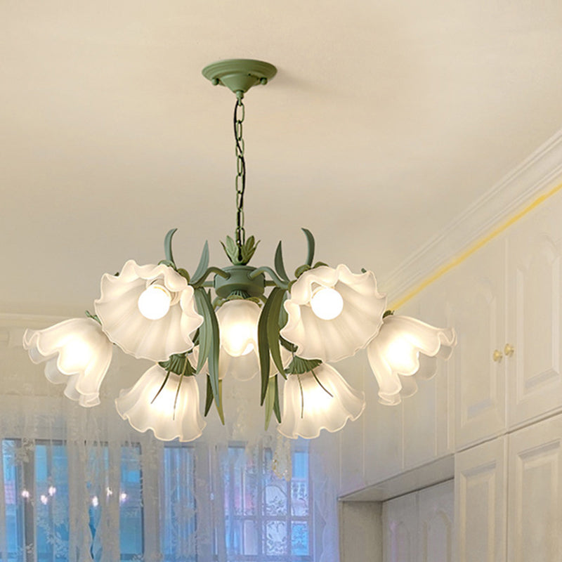 Traditional Rustic Floral Leaf Branch Round Glass Iron 4/6/7/9 Light Chandelier For Living Room
