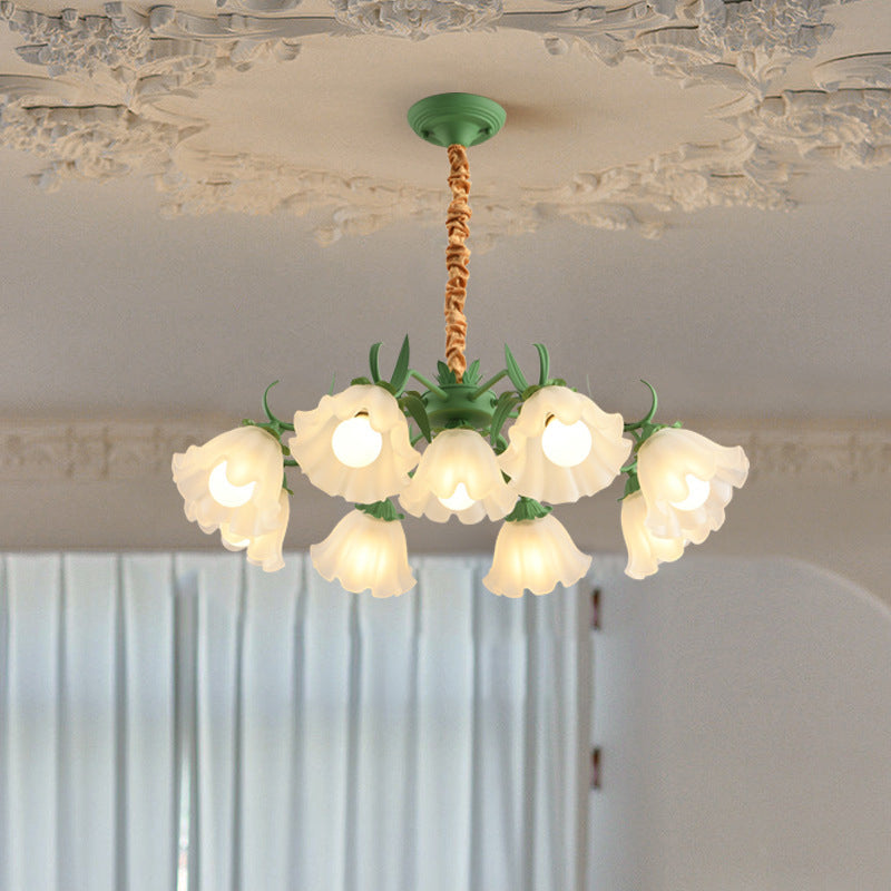 Traditional Rustic Floral Leaf Branch Round Glass Iron 4/6/7/9 Light Chandelier For Living Room