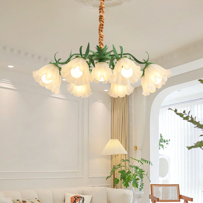 Traditional Rustic Floral Leaf Branch Round Glass Iron 4/6/7/9 Light Chandelier For Living Room