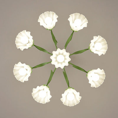 Traditional Rustic Floral Leaf Branch Round Glass Iron 4/6/7/9 Light Chandelier For Living Room