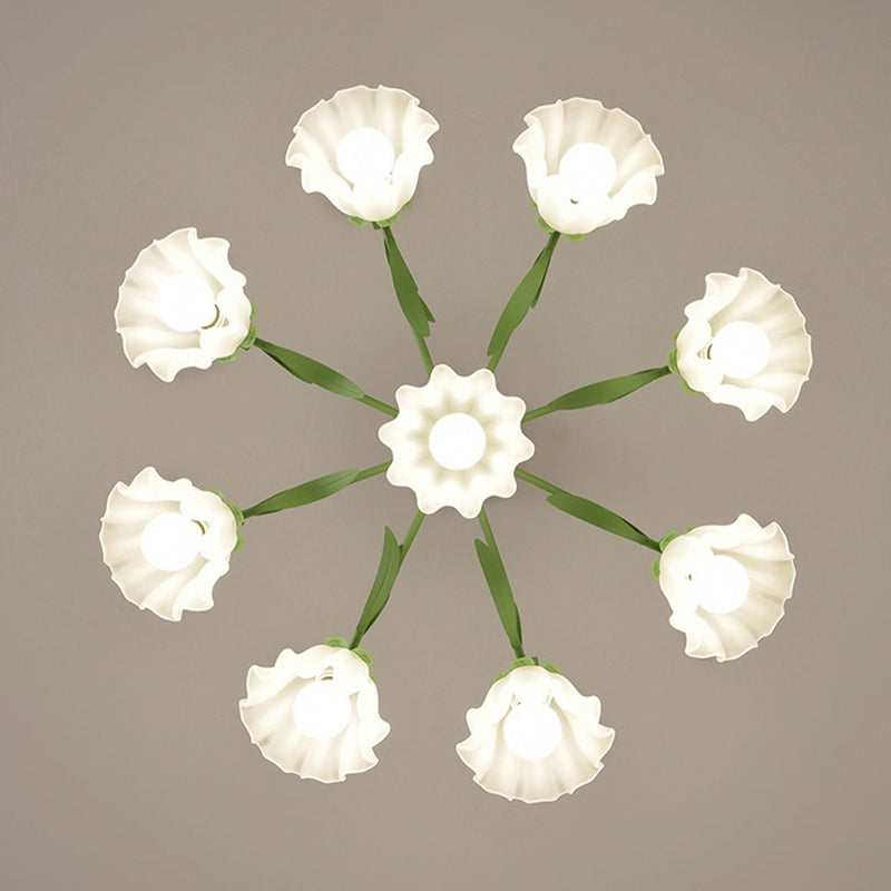 Traditional Rustic Floral Leaf Branch Round Glass Iron 4/6/7/9 Light Chandelier For Living Room