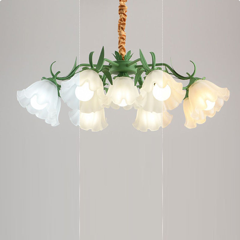 Traditional Rustic Floral Leaf Branch Round Glass Iron 4/6/7/9 Light Chandelier For Living Room
