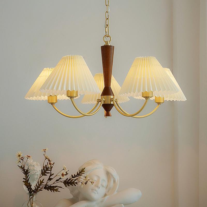Lustre traditionnel japonais à cylindre ramifié plissé en PVC, noyer et laiton avec 3/5 lumières pour salon 