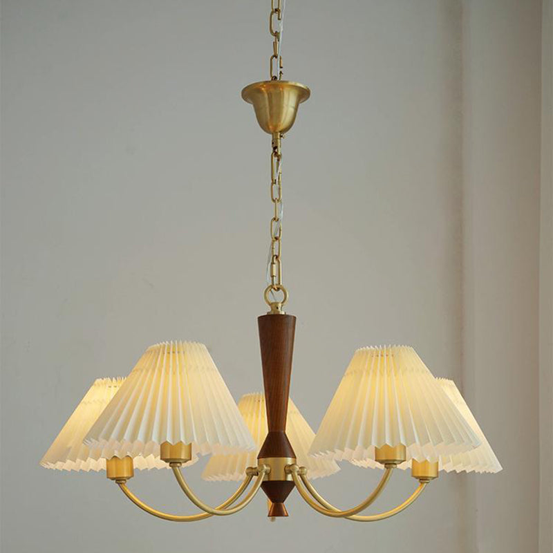 Traditional Japanese Scalloped Pleated Branching Cylinder PVC Walnut Brass 3/5 Light Chandelier For Living Room