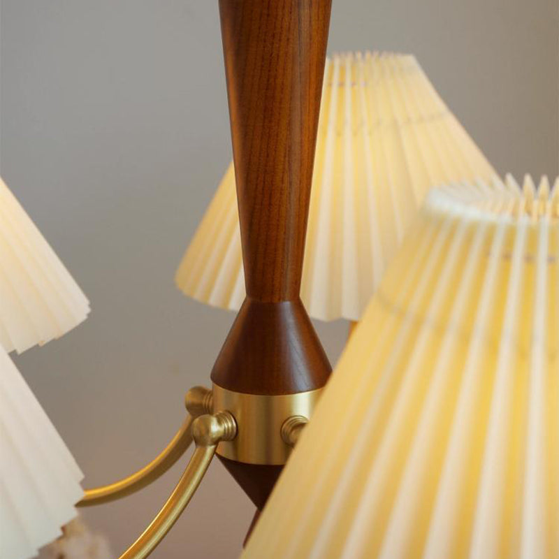Traditional Japanese Scalloped Pleated Branching Cylinder PVC Walnut Brass 3/5 Light Chandelier For Living Room