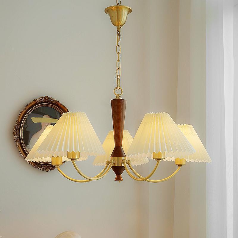 Traditional Japanese Scalloped Pleated Branching Cylinder PVC Walnut Brass 3/5 Light Chandelier For Living Room