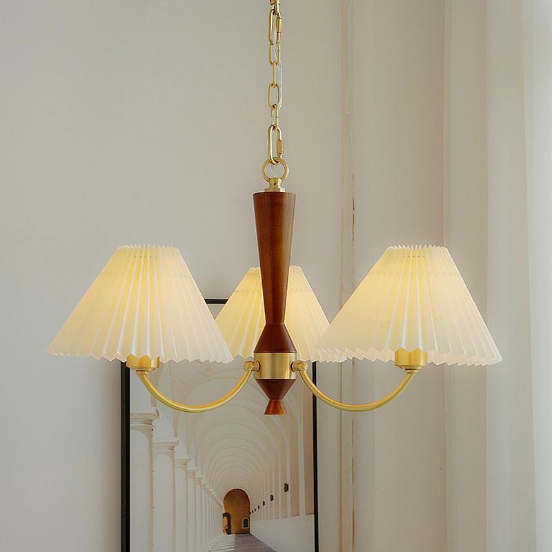 Traditional Japanese Scalloped Pleated Branching Cylinder PVC Walnut Brass 3/5 Light Chandelier For Living Room