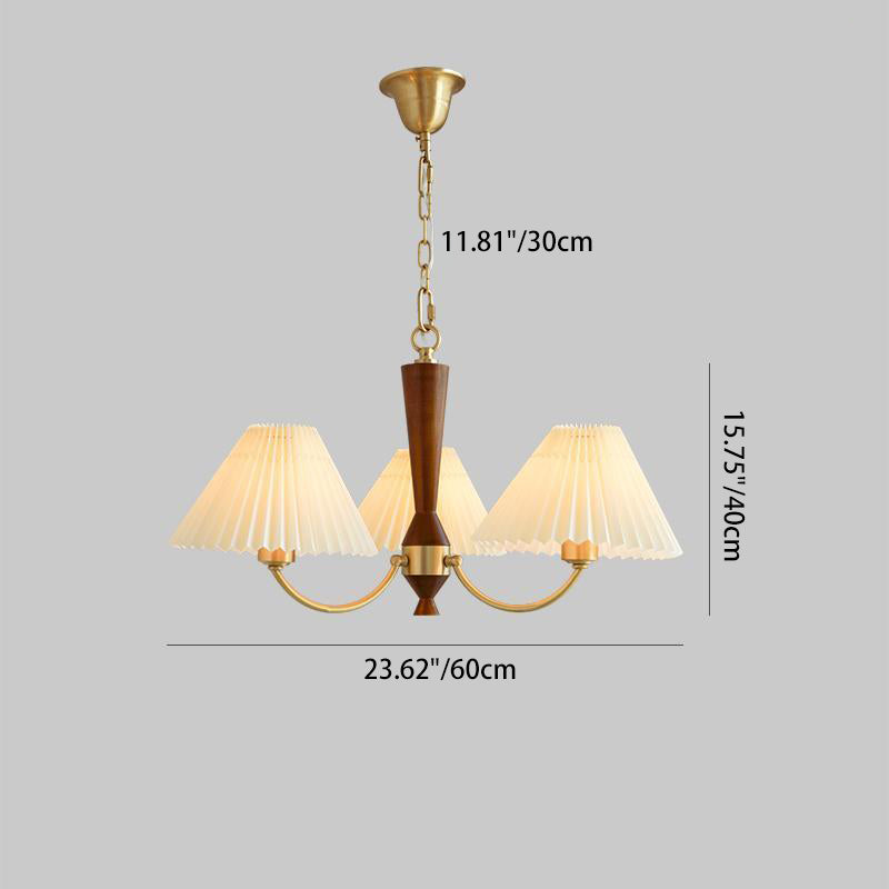 Traditional Japanese Scalloped Pleated Branching Cylinder PVC Walnut Brass 3/5 Light Chandelier For Living Room