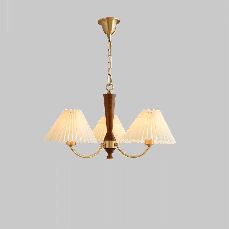 Traditional Japanese Scalloped Pleated Branching Cylinder PVC Walnut Brass 3/5 Light Chandelier For Living Room