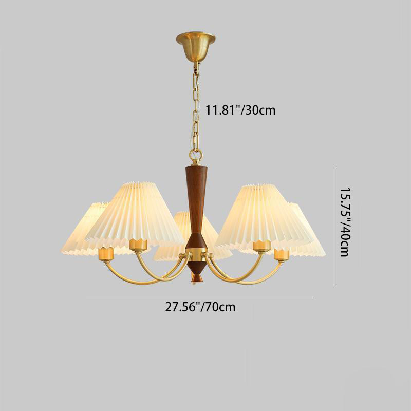 Traditional Japanese Scalloped Pleated Branching Cylinder PVC Walnut Brass 3/5 Light Chandelier For Living Room