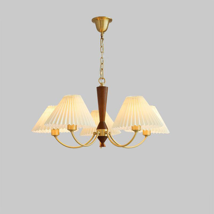 Lustre traditionnel japonais à cylindre ramifié plissé en PVC, noyer et laiton avec 3/5 lumières pour salon 