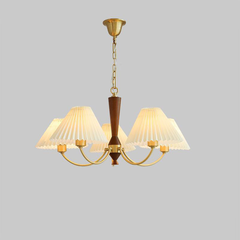 Traditional Japanese Scalloped Pleated Branching Cylinder PVC Walnut Brass 3/5 Light Chandelier For Living Room