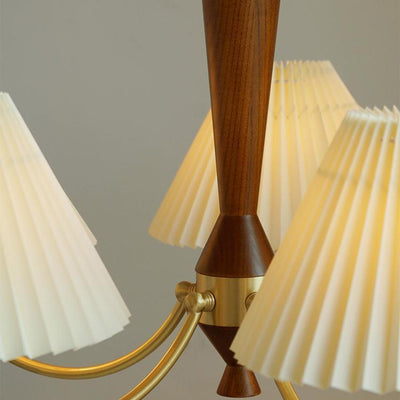 Traditional Japanese Scalloped Pleated Branching Cylinder PVC Walnut Brass 3/5 Light Chandelier For Living Room