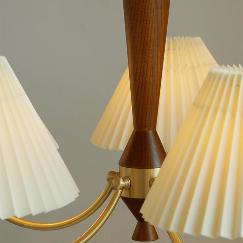 Traditional Japanese Scalloped Pleated Branching Cylinder PVC Walnut Brass 3/5 Light Chandelier For Living Room