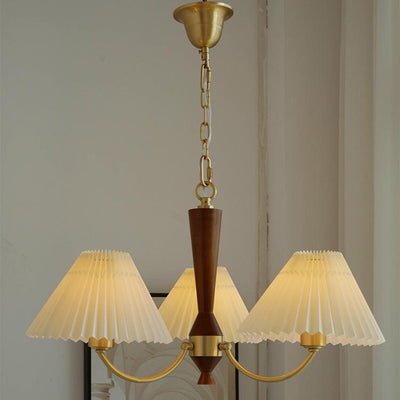 Traditional Japanese Scalloped Pleated Branching Cylinder PVC Walnut Brass 3/5 Light Chandelier For Living Room