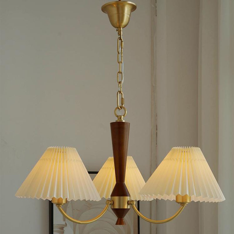 Traditional Japanese Scalloped Pleated Branching Cylinder PVC Walnut Brass 3/5 Light Chandelier For Living Room