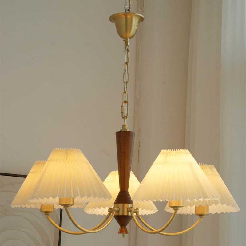Traditional Japanese Scalloped Pleated Branching Cylinder PVC Walnut Brass 3/5 Light Chandelier For Living Room