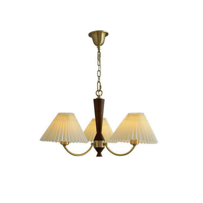 Traditional Japanese Scalloped Pleated Branching Cylinder PVC Walnut Brass 3/5 Light Chandelier For Living Room