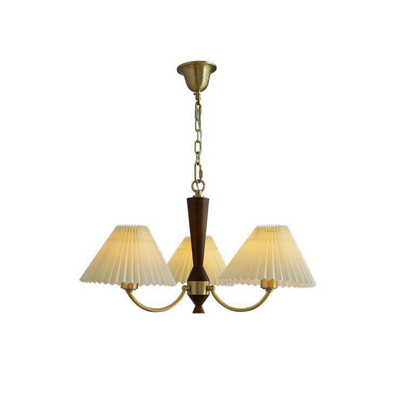 Traditional Japanese Scalloped Pleated Branching Cylinder PVC Walnut Brass 3/5 Light Chandelier For Living Room