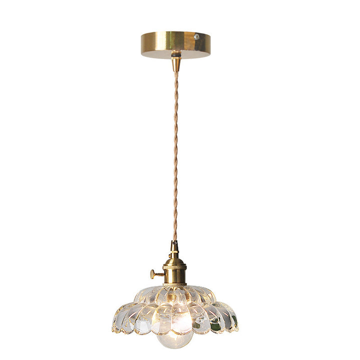 Traditional Japanese Flower Round Glass Brass 1-Light Pendant Light For Living Room
