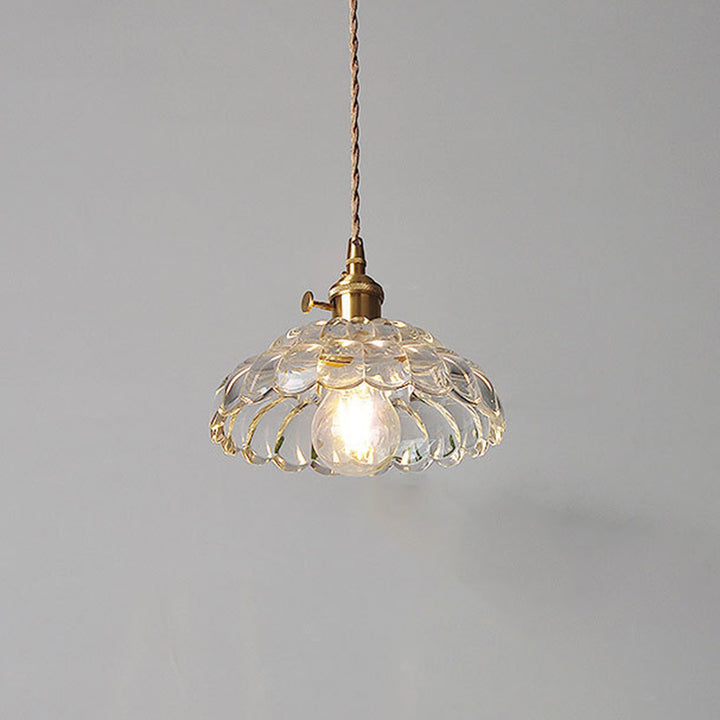 Traditional Japanese Flower Round Glass Brass 1-Light Pendant Light For Living Room