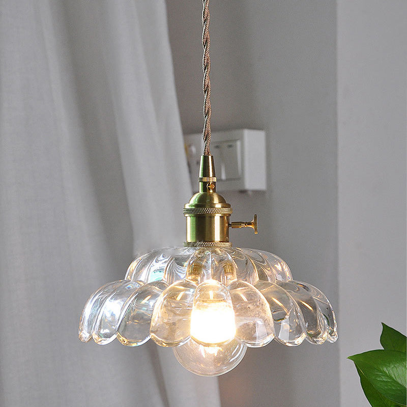 Suspension lumineuse en laiton avec verre rond et fleurs japonaises traditionnelles à 1 lumière pour salon 