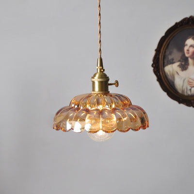 Suspension lumineuse en laiton avec verre rond et fleurs japonaises traditionnelles à 1 lumière pour salon 