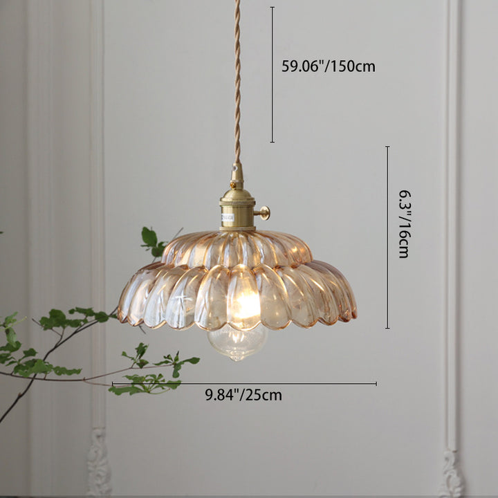 Traditional Japanese Flower Round Glass Brass 1-Light Pendant Light For Living Room
