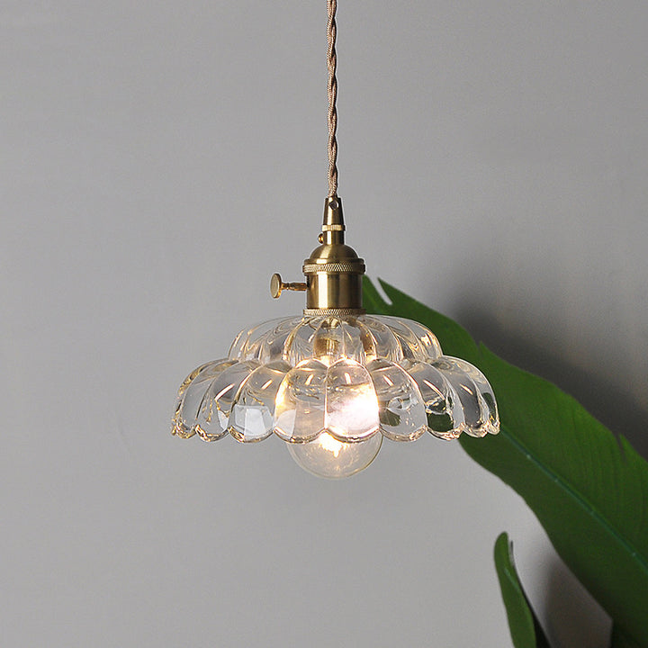 Traditional Japanese Flower Round Glass Brass 1-Light Pendant Light For Living Room