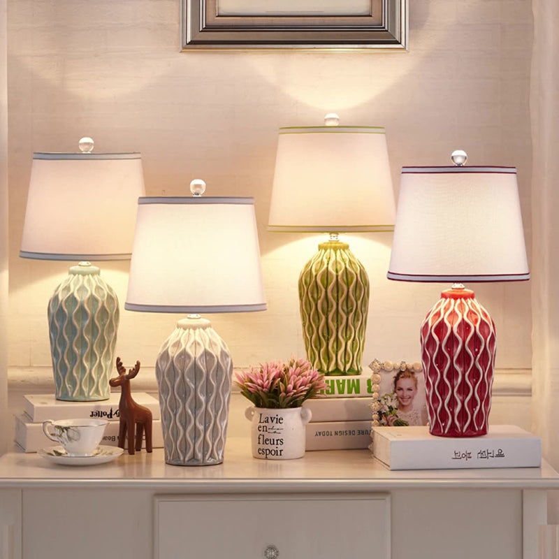 Contemporary Scandinavian Patterned Sculpture Round Fabric Ceramic 1-Light Table Lamp For Bedroom