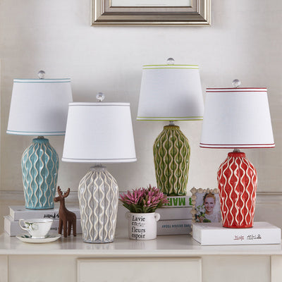 Contemporary Scandinavian Patterned Sculpture Round Fabric Ceramic 1-Light Table Lamp For Bedroom