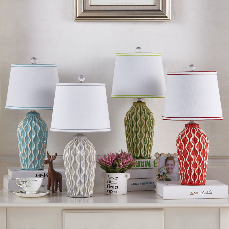 Contemporary Scandinavian Patterned Sculpture Round Fabric Ceramic 1-Light Table Lamp For Bedroom