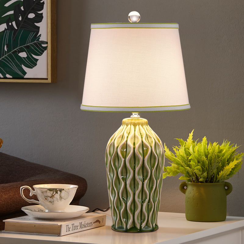 Contemporary Scandinavian Patterned Sculpture Round Fabric Ceramic 1-Light Table Lamp For Bedroom