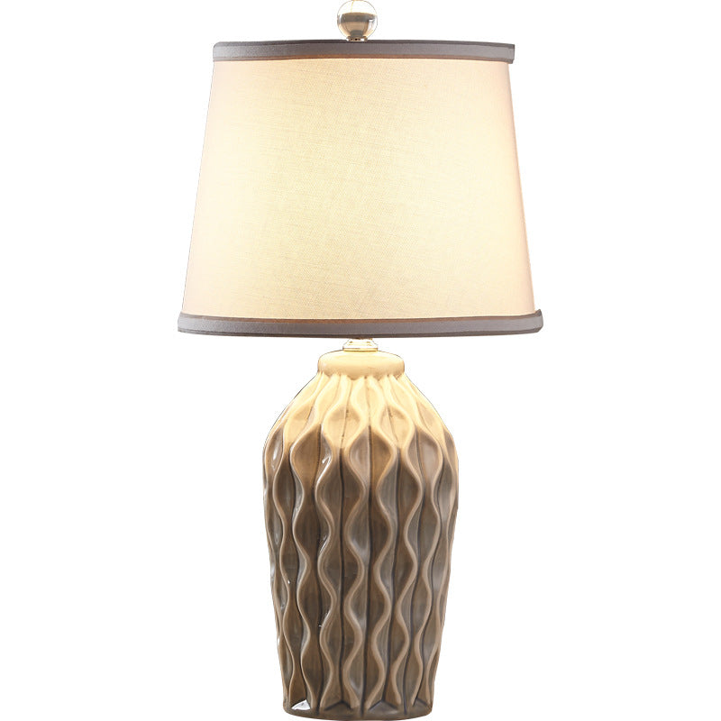 Contemporary Scandinavian Patterned Sculpture Round Fabric Ceramic 1-Light Table Lamp For Bedroom