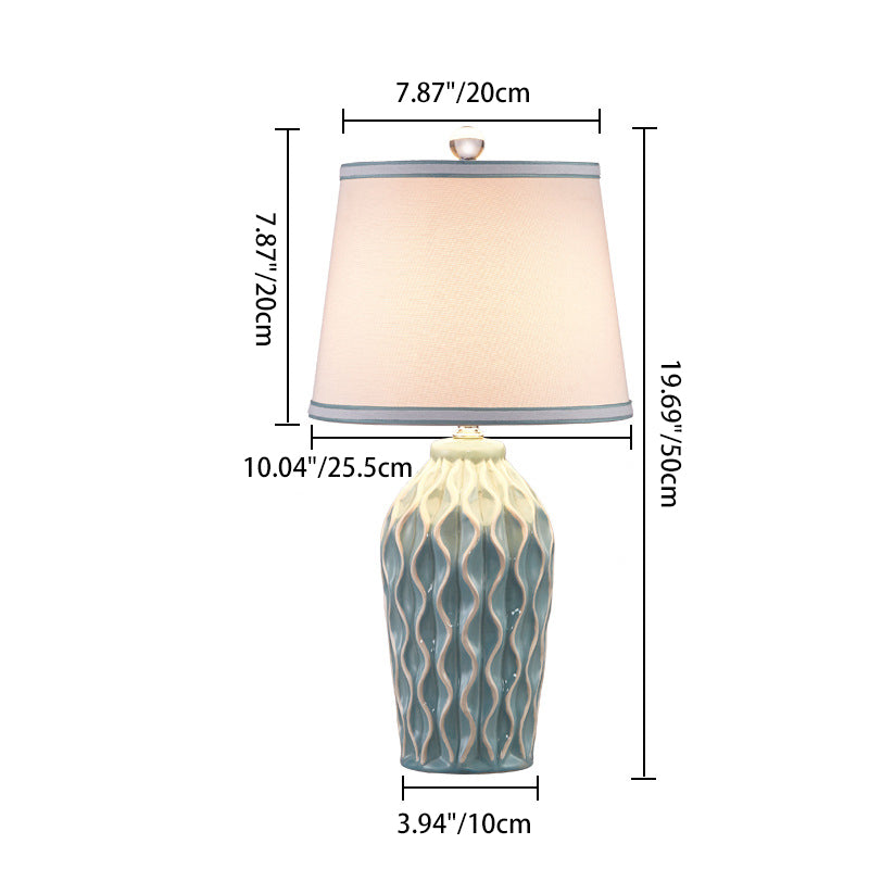 Contemporary Scandinavian Patterned Sculpture Round Fabric Ceramic 1-Light Table Lamp For Bedroom