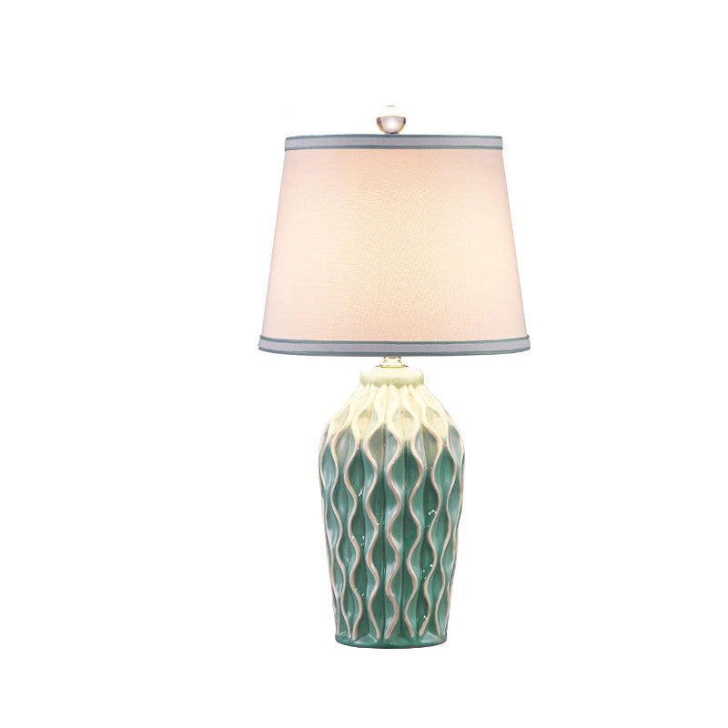 Contemporary Scandinavian Patterned Sculpture Round Fabric Ceramic 1-Light Table Lamp For Bedroom