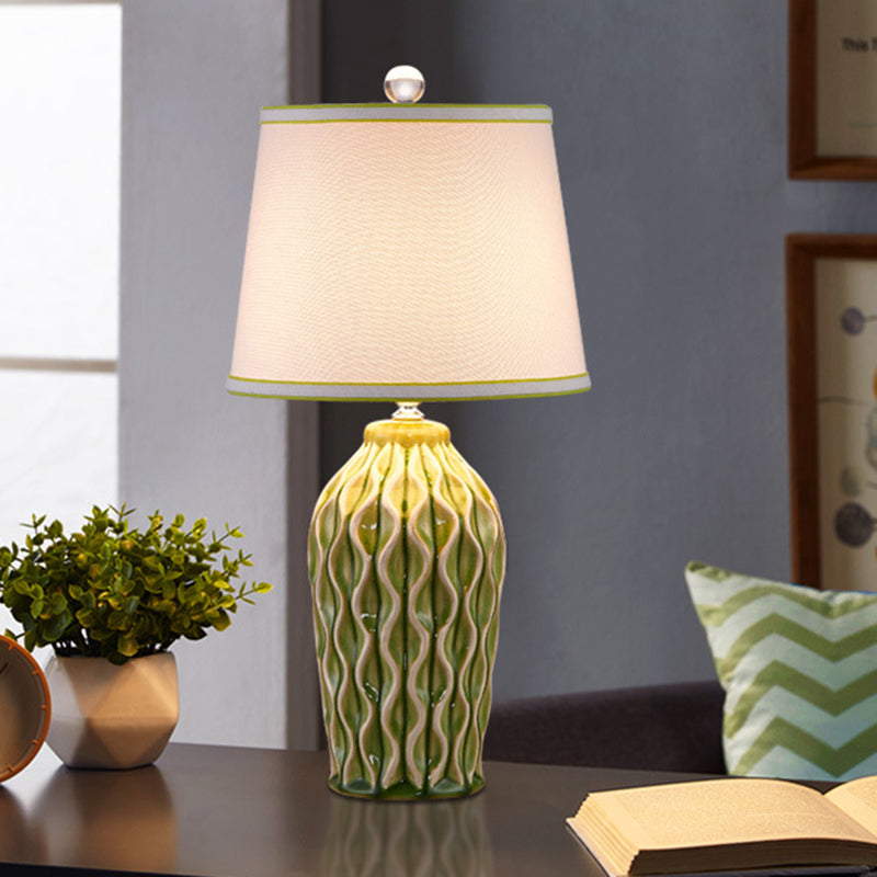 Contemporary Scandinavian Patterned Sculpture Round Fabric Ceramic 1-Light Table Lamp For Bedroom