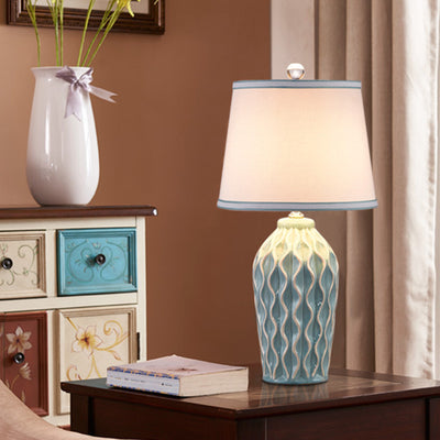 Contemporary Scandinavian Patterned Sculpture Round Fabric Ceramic 1-Light Table Lamp For Bedroom