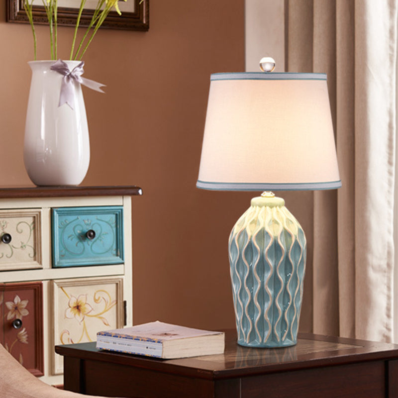 Contemporary Scandinavian Patterned Sculpture Round Fabric Ceramic 1-Light Table Lamp For Bedroom