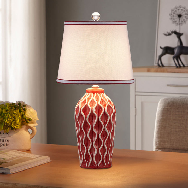 Lampe de table en céramique à motif scandinave contemporain avec tissu rond à 1 lumière pour chambre 