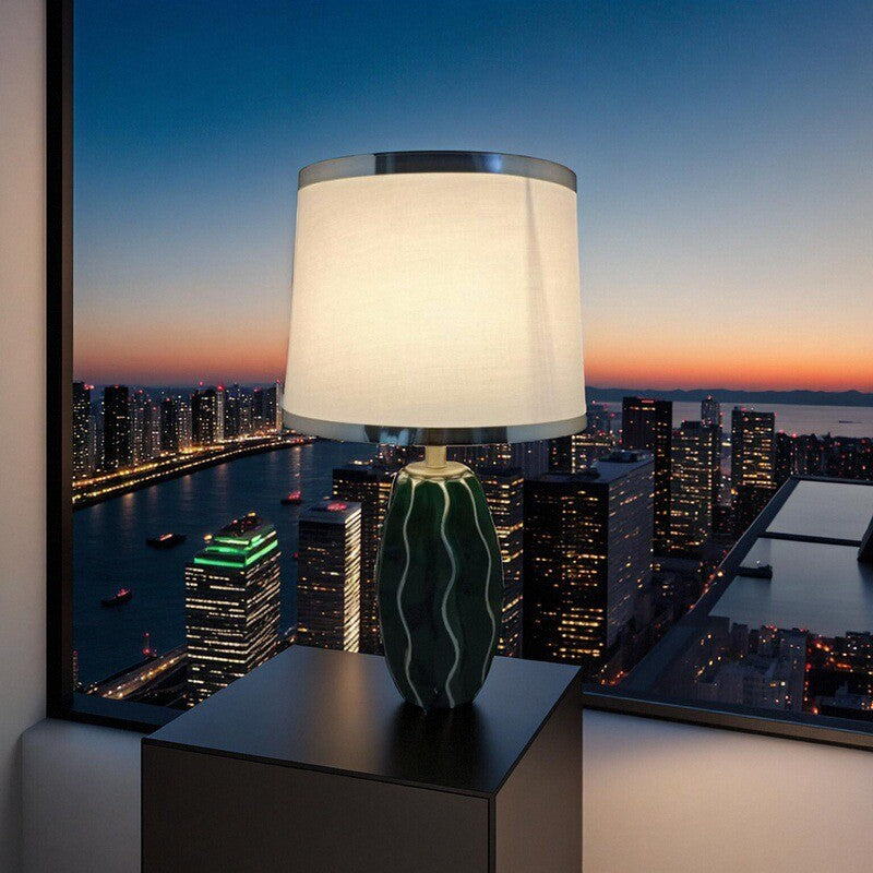 Contemporary Scandinavian Round Wave Oval Fabric Ceramic 1-Light Table Lamp For Living Room